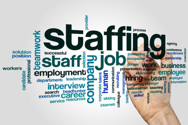 A collage of words with the word staffing in the middle representing invoice factoring for staffing companies.