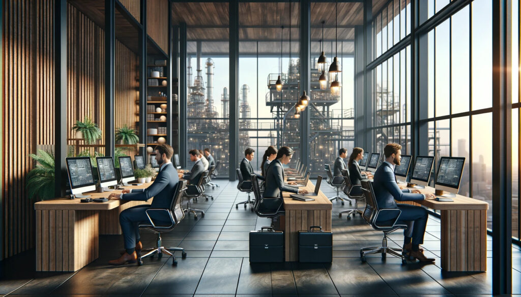 An image of executives working in an office close to an oil and gas plant using an oil and gas factoring company to keep cash available. 