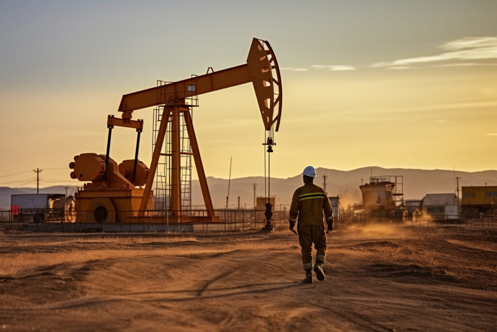 A man walking towards an oil rig in an oilfield.