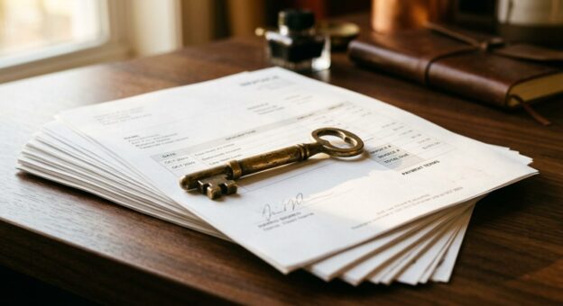 Antique brass key resting on business invoices symbolizing invoice factoring as a path to working capital