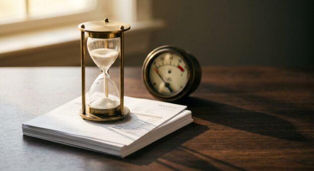 Brass hourglass with sand running low resting on a stack of invoices on a walnut desk, with a vintage fuel gauge near empty in the background